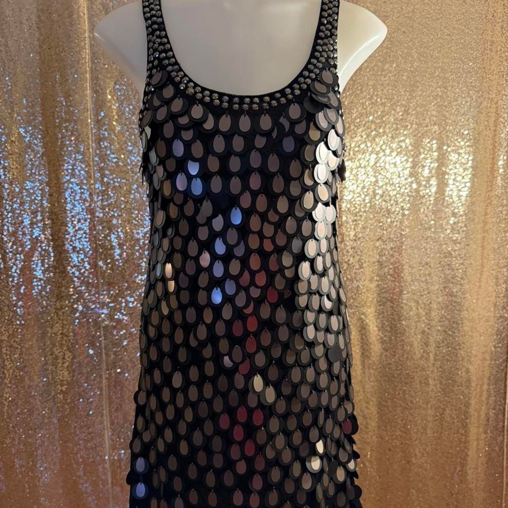 Gunmetal Paillette Sequin Mini Studded Scoop Neck Party Dress/One Size
